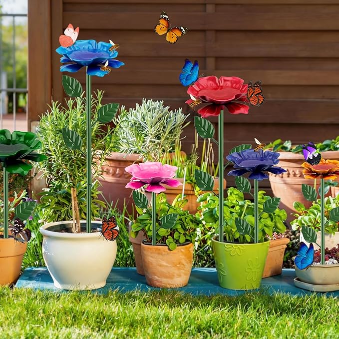 6 Pack Bee Watering Station, Bee Feeder for Garden Metal Butterfly Water Feeder with Flower Design Colorful Butterfly Bee Bath Bowl for Outdoor Garden Yard