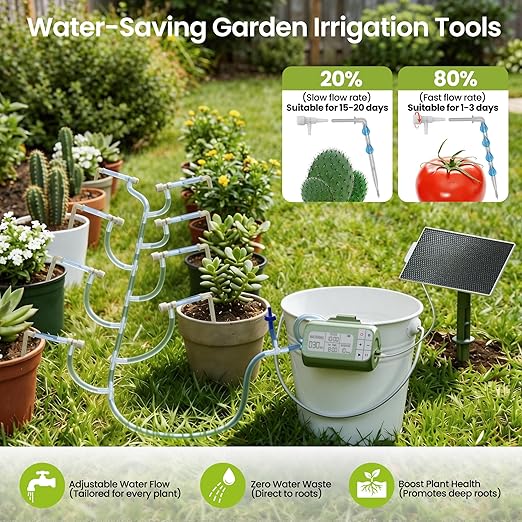 Solar Drip Irrigation System Timed Watering, Programmable Solar Water Drip for 15 Plants, Drip Irrigation Kit with 33FT 1/4'' Tube, 15x Tee Fitting, 15x Flow Valve, 15x Drip Stake(Solar Powered)