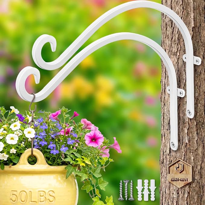 Qiang Ni Bird Feeder Hanger: 12-Inch 50 Lb Wall-Mounted Plant Bracket Outdoor - 2 Pieces White Plant Hooks for Hanging Flower Baskets
