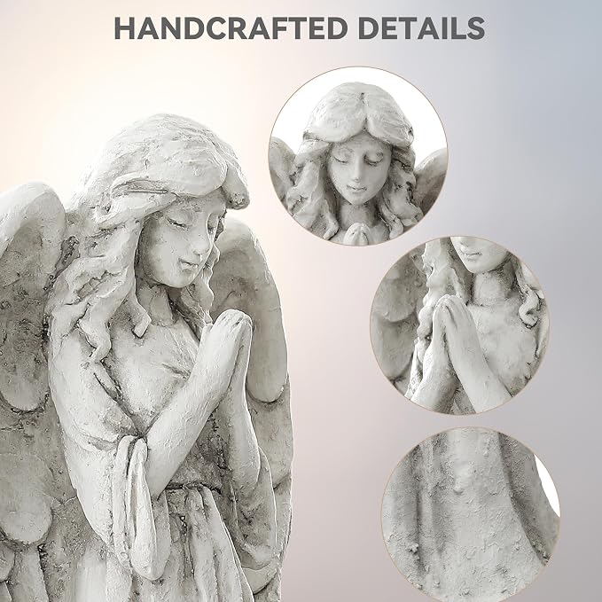 Praying Angel Statue for Outdoor Garden, 26.4 Inch Large Heavenly Memorial Sculpture,Durable MGO Stone Standing Angels for Yard, Patio or Cemetery Decor,Offering Comfort & Peace, Antique White