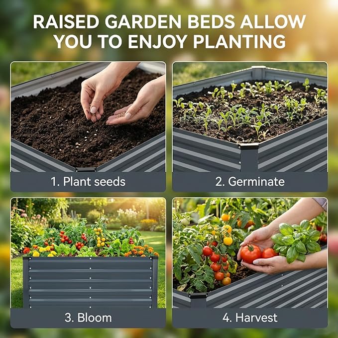 STBoo Galvanized Raised Garden Bed 6x3x2ft, Raised Beds for Gardening, Reinforced Support Bars & Safety Edges for Vegetables, Flowers, Herbs, Gray (Grey, 4x2x2FT)