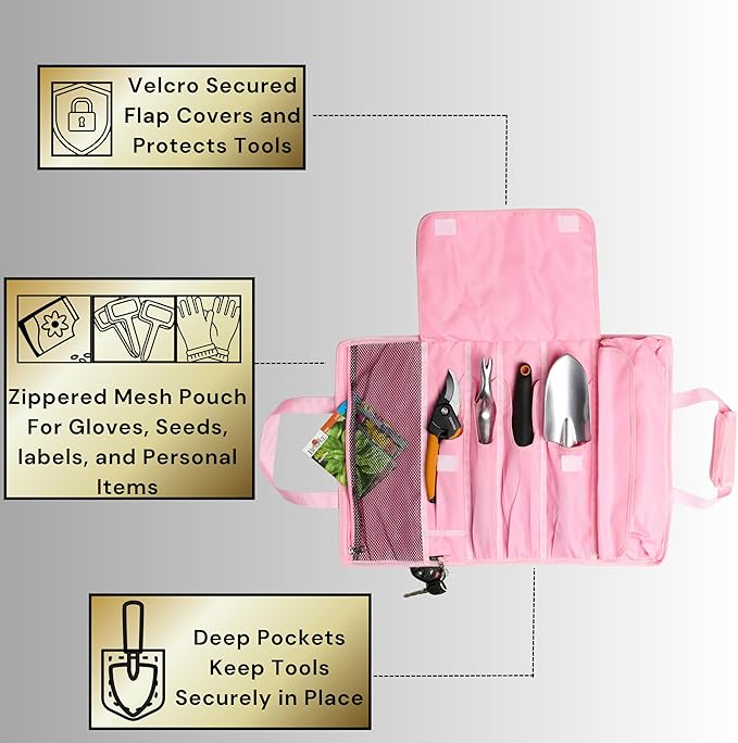 Garden Tool Bag, Roll-Up Garden Tool Holder with Deep Pockets | 900D Polyester Heavy Duty Gardening Tote | Compact Washable Organizer for Tools, Seeds, and Essentials (Tools Not Included)