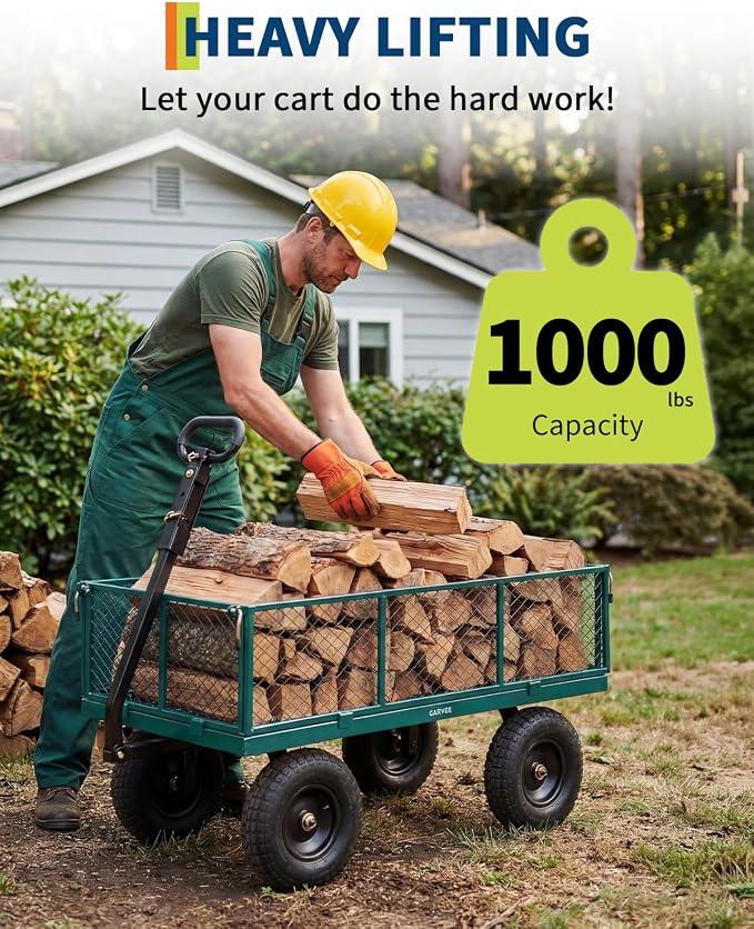 Garvee Versatile Outdoor Utility Cart-1000LBS Heavy-Duty, 13" All-Terrain Pneumatic Tires, Vehicle-Connectable, Easy Maneuverable Lawn Cart with Removable Mesh Panels for Gardening & Landscaping,Green