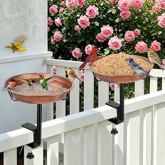 Gtongoko Deck Mounted Metal Bird Bath for Outside 12 Inch, Weather-Resistant Birdbath Bowl for Balcony Fence Railing with Adjustable Clamp Outdoors