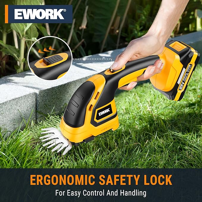 EWORK 21V Cordless Hedge Trimmer & Grass Shears 2-in-1 Handheld Electric Bush Trimmer, 2x2.0Ah Battery & Charger Included, Lightweight Shrub Trimmer for Garden Yard Lawn Patio Maintenance