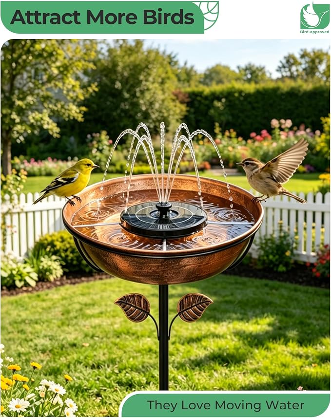 Metal Bird Bath with Solar Fountain - 13" Outdoor Birdbath Bowl + 6.3" Solar Pump with Battery LED Lights & with 4 Fixed Rods | Garden Bird Bath for Yard, Lawn, Patio, Flowing Water Feature