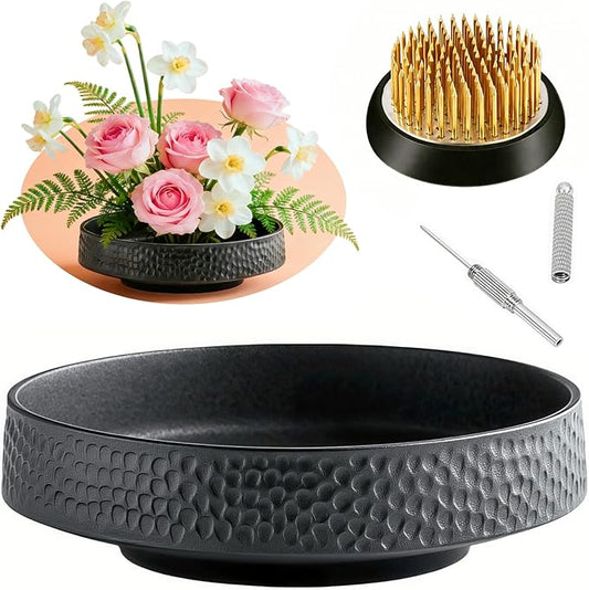 Japanese Ikebana Vase Kit, Flower Shallow Container Ceramics Ikebana Vase with 1.57inch Flower Frog and Floristry Floral Frog Kenzan Needle Straightening Tool (Hammer Pattern Bowl)