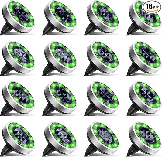 btfarm 16 Pack Solar Lights Outdoor, 8 LED Solar Ground Lights IP65 Waterproof Flat Solar Disc Light, Pathway Lights for Garden Lawn Patio Yard Path Landscape, Green