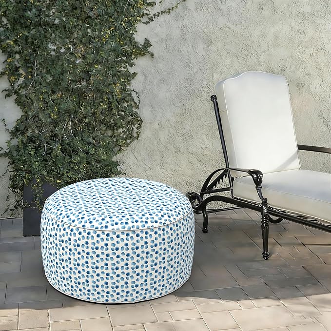 LVTXIII Indoor/Outdoor Large Inflatable Ottoman Pouf D31 x H14 Inch, Round Footstool with Handle, Weather-Resistant Portable Furniture for Patio, Camping, Beach, Brush Blue