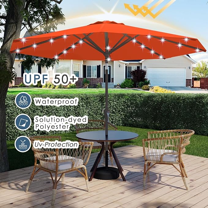 9FT Patio Umbrella with Solar Lights,Outdoor Market Umbrella with Tilt and Crank, LED Lighted Table Umbrella for Garden,Deck,Backyard,Pool,Beach