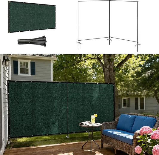 Windscreen4less Outdoor Privacy Fence Screen, 5'x14' Freestanding Privacy Fencing Set with Iron Poles and Ground Spikes, UV Resistant Mesh Cover Garden Pet Fencing for Backyard Patio Pool, Green