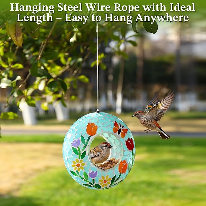 SAVENNA Mosaic Glass Hanging Bird Feeder, 8 Inch Handcrafted Outdoor Feeder with Steel Wire Rope, Decorative Garden & Patio Feeder for Wild Birds, Colorful Floral Mosaic Design