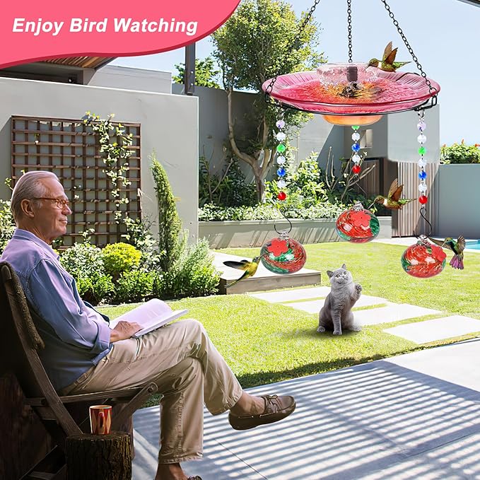 Headak Life Hummingbird Feeder Glass with Hanging Bird Bath for Outside Combo Set,12 Fluid Ounces,Solar Hummingbird Bath with Fountain (11inch),Backyard, Patio Garden Yard Decoration (Red)