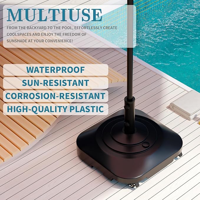 Umbrella Base,Heavy Duty Patio Umbrella Stand with 5 Wheels, Max 145lb Fillable Umbrella Holder Wind-Resistant, Mobile Square Market Stand for Outdoor, Deck, Lawn, Fits Most Sized Umbrellas (21 in)