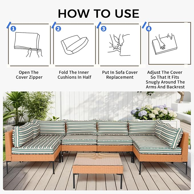 14 Piece Outdoor Patio Cushion Covers Replacement Waterproof with Zipper for 6-Seater Sectional Couch Chair Patio Furniture Conversation Sofa Seat Cushions Slipcovers Set, Only Cover