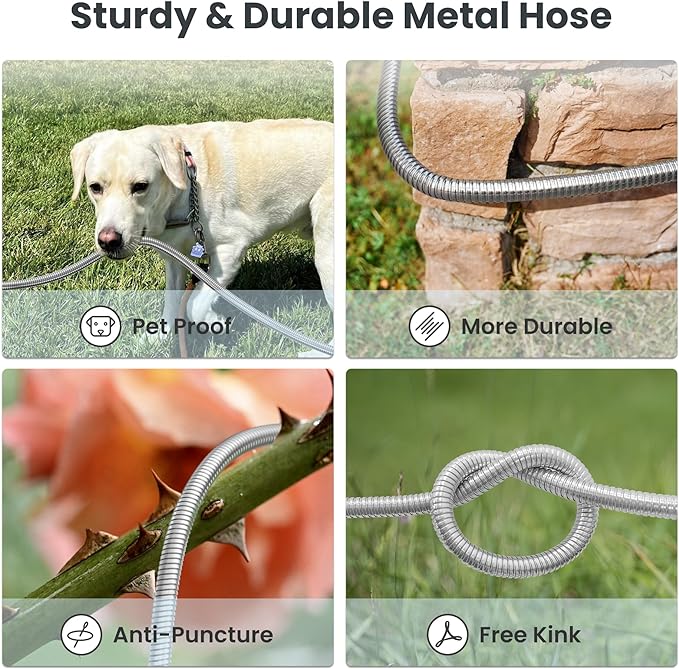 Giraffe Tools Garden Hose 100ft x 5/8", 304 Stainless Steel Metal Water Hose, No Kink Garden Water Hose with 9 Pattern Spray Nozzle, Flexible, Lightweight, Kink Free Hose for Yard, Outdoor