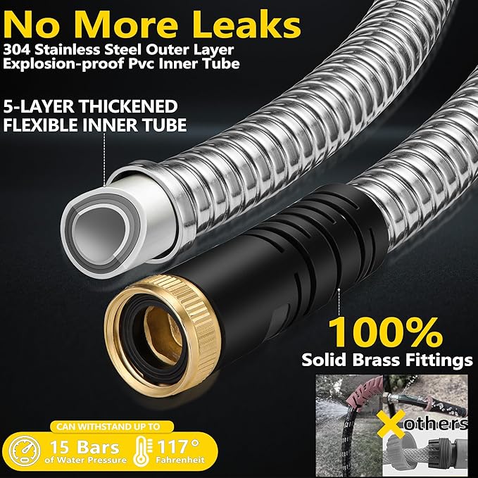 75 ft Stainless Steel Garden Hose - 2026 New Upgraded Metal Water hose - Flexible Water Hoses Pipes with Latex Core, 3/4" Solid Brass Connector - No-Expandable Watering Garden Hoses