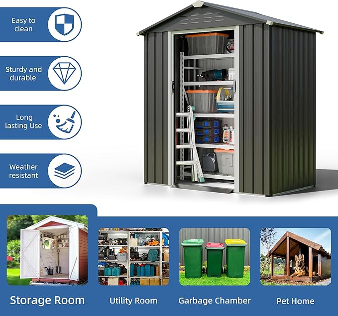 JY QAQA 5x3 FT Metal Outdoor Garden Storage Shed,Waterproof Metal Garden Sheds with Window and Lockable Double Door,Weather Resistant Steel Tool Storage House Shed forPatio,Lawn (Gray)