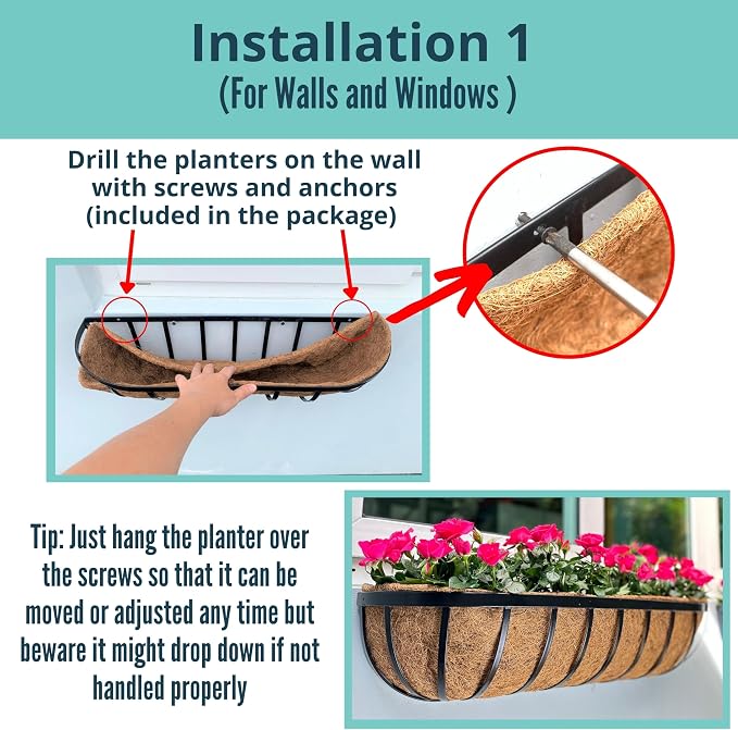 LaLaGreen Bundle- 2 Pack, 24 Inch Metal Basket with Coco Liner + 4 Pack, 11.8 Inch Black Metal Pot Wall Mount Hanging Window Rail Plant Flower Holder Bucket Box Countryside Style Garden Decor Outdoor