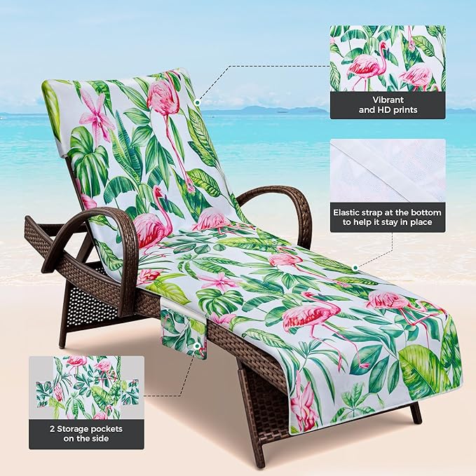 Lounge Chair Towel Covers, 2 Pack Outdoor Chaise Lounge Slipcover, 83" X 29" Flamingo Floral Microfiber Beach Chair Cover, Soft Absorbent Chaise Cover with Pockets for Pool Garden Patio