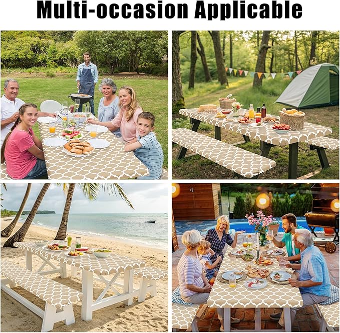 Smiry Picnic Table Cover with Bench Covers, Waterproof Elastic Fitted Tablecloth for 6 Foot Tables, Washable Polyester Tablecloths for Camping, Indoor & Outdoor (Khaki, 30x72 Inch 3-pc Set)