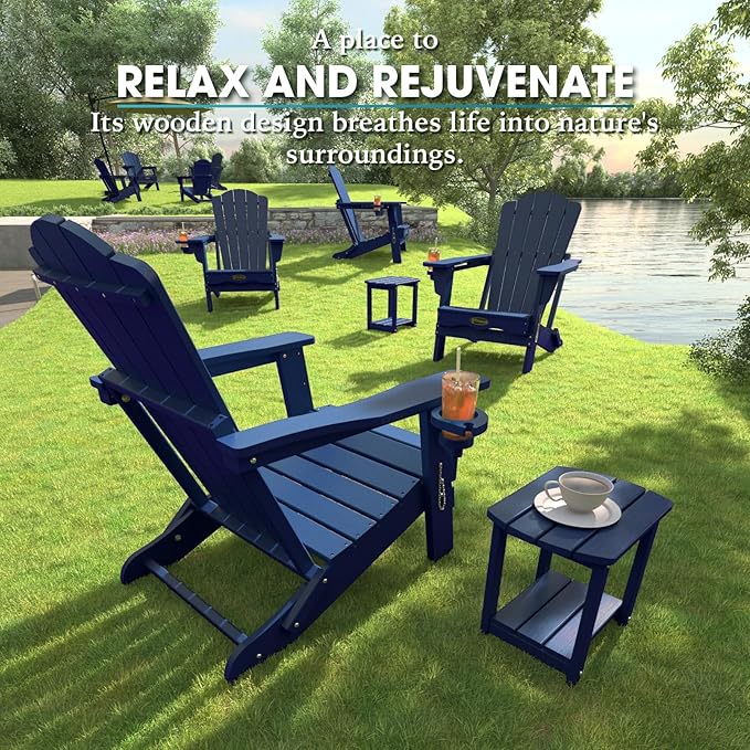 THOEOE Folding Adirondack Chair Set of 4, HDPE All-Weather Outdoor Chair with Cup Holder, Wooden Textured, Fire Pit Chair, Plastic Patio Chair for Deck, Backyard, Garden, Lawn, Navy Blue