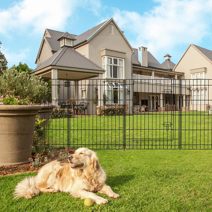 INJOPEXI Decorative Fence 12 Panels 23.6ft (L)30in (H), Metal Fence 11 Panels + 1 Gate Rustproof Wire No Dig Temporary Animal Barrier Fencing for Yard Outdoor Patio