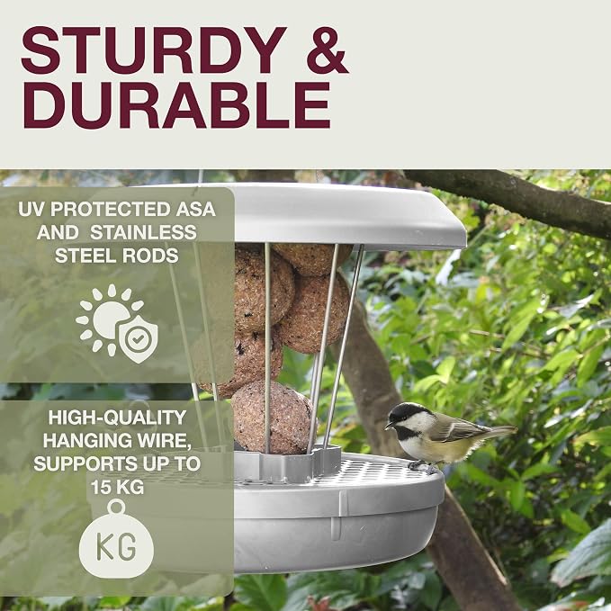SWISSINNO Bird Feeders - No Mess Fat Ball/Suet Feeder for Outdoors Hanging - Smart Birds Lucerne Spill Proof Wild Cardinal Bird Feeder with Integrated Seed Catcher Tray - Light Grey