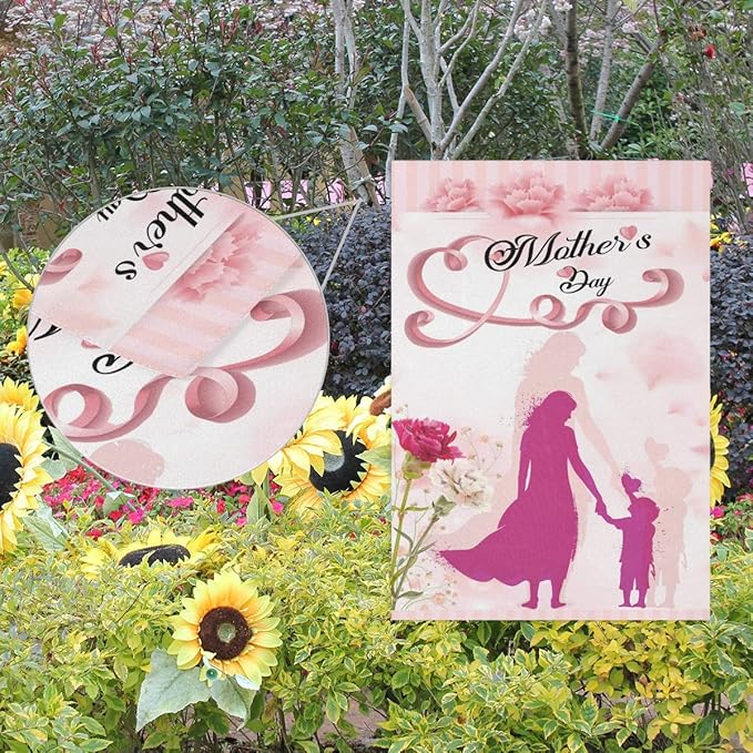 Wamika Mother's Day Garden Flag Pink Flowers Carnations Double Sided Flags 28" x 40" Happy Mothers Day Love Hearts Large House Flag House Banner Yard Outdoor Porch Decorations