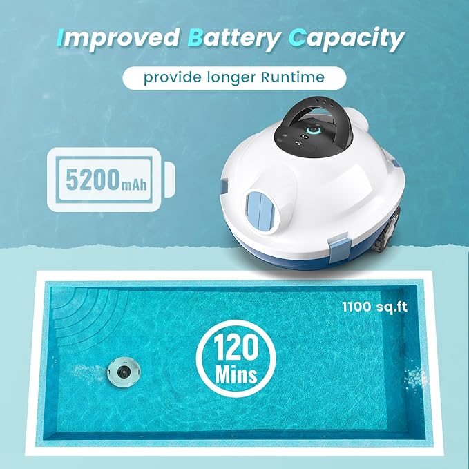 Y10 Cordless Robotic Pool Cleaner, Automatic Pool Vacuum - Ultra Long Battery Life, Powerful Suction, Self-Parking, Lightweight for Above/Inground Pools Up to 65ft/1100 Sq.Ft (Ivory)