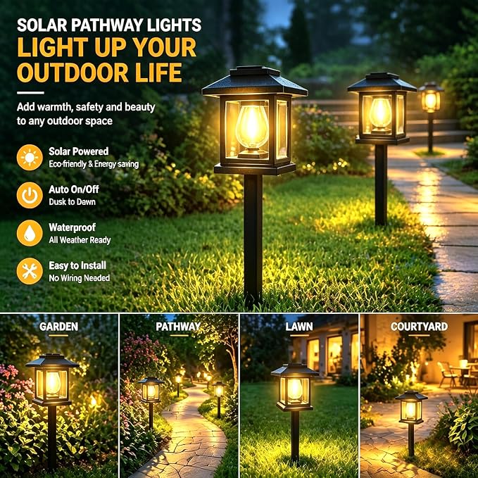 12-Pack Solar Pathway Lights - High-Efficiency Polycrystalline Panels for All-Night Glow - IP55 Waterproof Outdoor Landscape Lighting for Garden, Walkway & Driveway Security (Black)