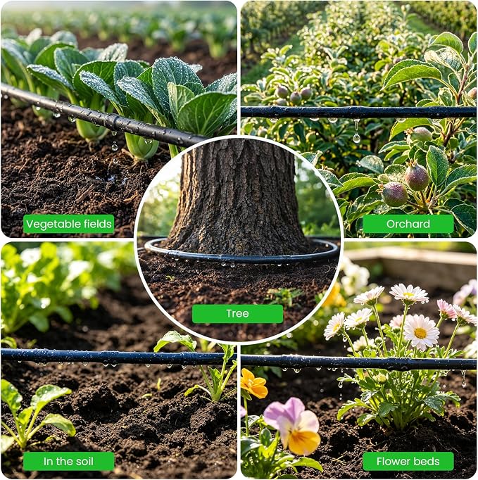 MIXC 1/4" Irrigation Dripline Tubing (200 Ft Roll), Saving 80% Water, 6" Emitter Spacing, 0.5 GPH Emitters Built-In Drip Irrigation Line with 1/4" Fittings Included, Black
