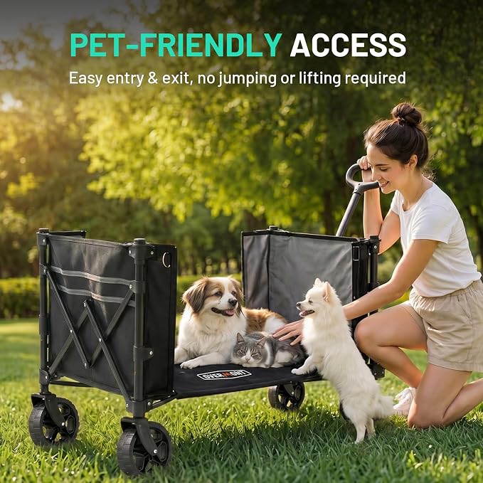 Overmont 3-in-1 Folding Utility Wagon 11lb Lightweight Cart with Side Open | 120L 220 lb Capacity Adjustable Handle & Swivel Wheels for Grocery Runs, Camping, Sports, Garden, Shopping, Picnics and Pets