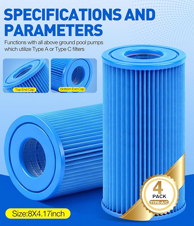 KimPump 4 Pack Type A/C Pool Filter Cartridges, Cartridge Filter Compatible with 1000GPH Above Ground Pool Pumps | Reusable & Easy to Clean | Premium Thickened Material for Highly Efficient Filtration