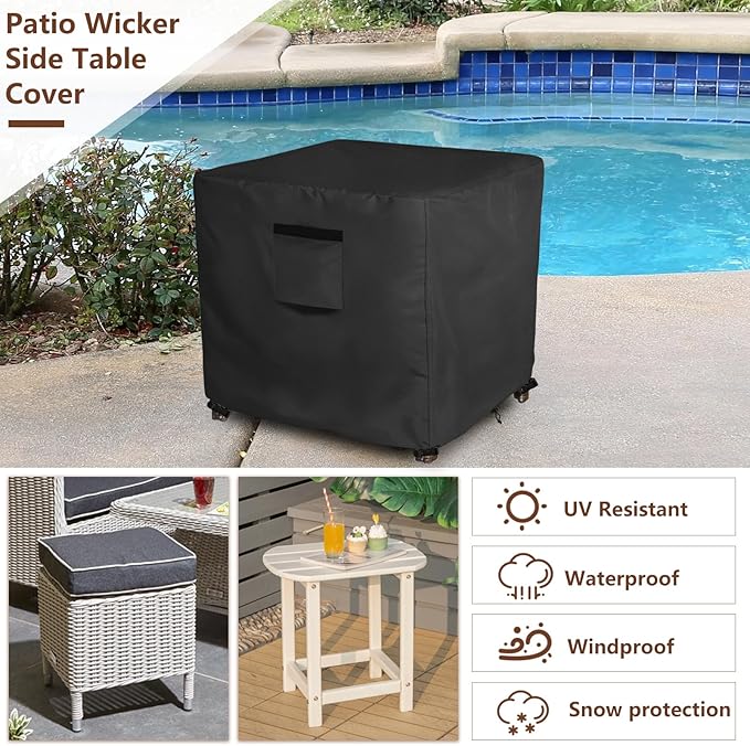 Waterproof Patio Small Side Table Cover,Square Outdoor Ottoman Covers,Heavy Duty 600D Patio Wicker Side Table Cover,Fits Square PatioTable, All-Weather Furniture Protection.22"W x 22"D x 18"H.Black