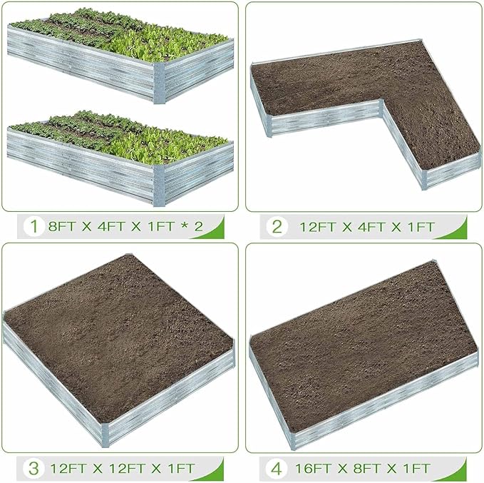 Galvanized Raised Garden Beds 2-Pack (8x4x1ft Each) – Overlapping 4-Inch Panels + 4 Support Bars, Heavy-Duty Metal Planter Box for Vegetables, Herbs, Flowers, No-Deformation Steel Garden Kit