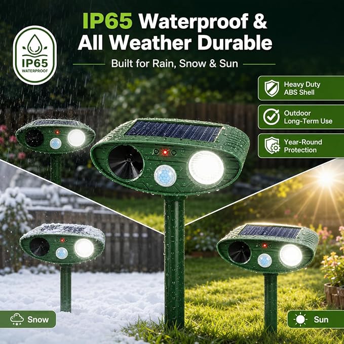4 Pack Upgraded Sonic Deer Repellent Devices,Solar Ultrasonic Animal Repeller Outdoor for Racoons,Squirrels,Cats,Rabbits,Skunks & Foxes,Waterproof Motion Sensor Animal Deterrent for Garden Yard