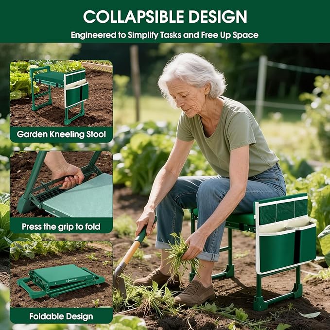 Garden Kneeler and Seat for Seniors: Heavy Duty 420 LBS Support Anti-Tip Multifunctional Gardening Stool Bench with Widened Thick Soft Kneeling Pad & Tool Bag - Foldable for Gardeners