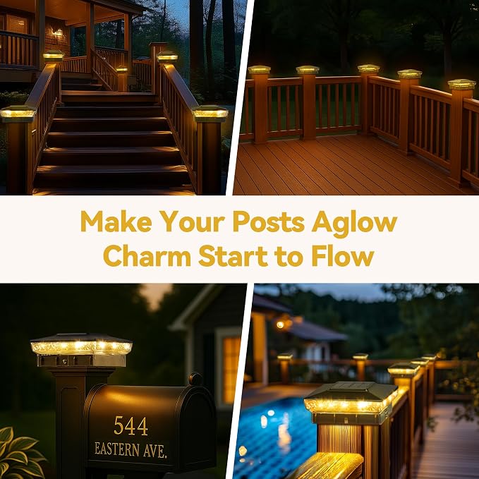 KEILAIMO Solar Post Cap Lights, 12-Pack Upgraded Outdoor Deck Fence Post Solar Lights for 4x4 5x5 Wood/Vinyl Posts, IP65 Waterproof, 10-12 Hours Warm/Cool White Glow for Garden/Patio/Porch - Black