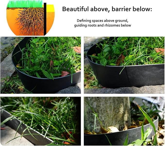 A ANLEOLIFE 100FT Flexible Plastic Landscape Edging Coil, 5" Black Garden Border for Yard, Flower Beds & Pathways, Anti-UV, 30 Stakes for Easy Install
