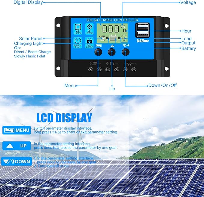 30A PWM Solar Charge Controller, 12V 24V Dual USB Solar Panel Battery Intelligent Regulator with LCD Display, Auto Parameter Adjustable, Timer Setting, Multiple Load Control Modes