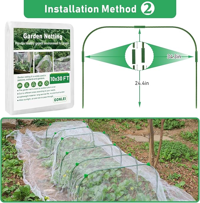 GonLei 10x30FT Garden Mesh Netting Kit Raised Beds (6 Pcs Garden Hoops & 18 Clips) Garden Hoops Plant Row Covers Netting Protection Berry Bush Trees Grass Seed Barrier Net