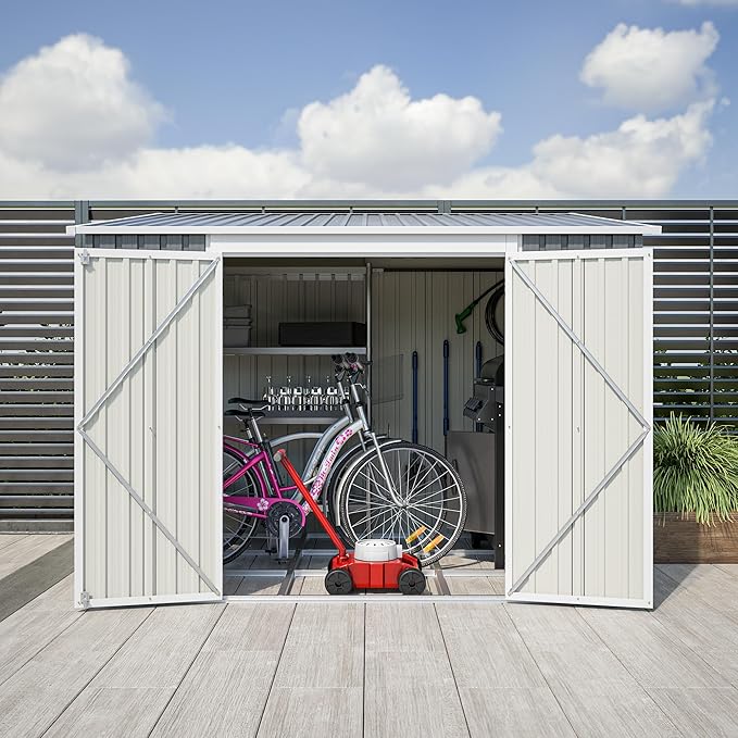 YOPTO 8x6 FT Lean to Outdoor Storage Shed W/Adjustable Lockable Double Side Doors,Metal Shed W/Floor Frame & 2 Air Vents,Garden Tool House W/Updated Frame Structure,for Backyard Patio Lawn,Gray