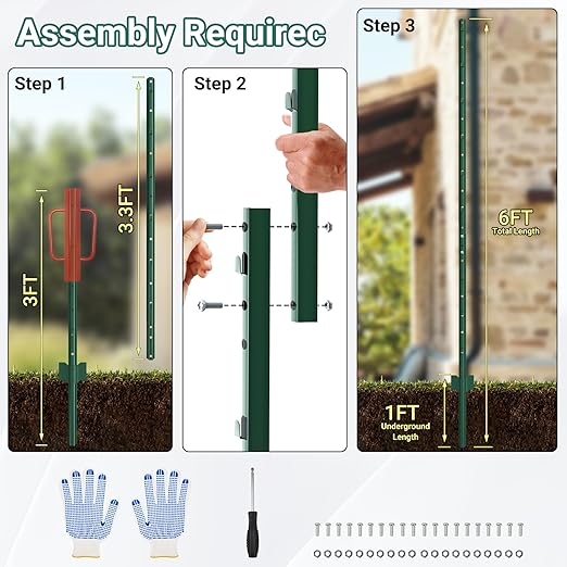 Metal Fence Posts, 16 Pack of Splicing 6 FT Green Heavy Duty U Posts, No Dig T Posts for Fences Wire Mesh, Perfect for Temporary Fencing, Electric Fence Wire, Corner Anchor