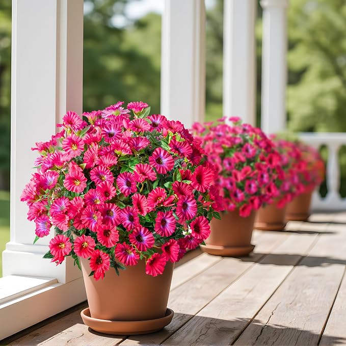 Rose Red Artificial Morning Glory Flowers for Outdoor Planters, Premium UV Resistant Silk Faux Flowers for Porch, Hanging Basket & Window Box, Summer Garden Decor, No Pot, 13.3 Inch, 8 Bundles