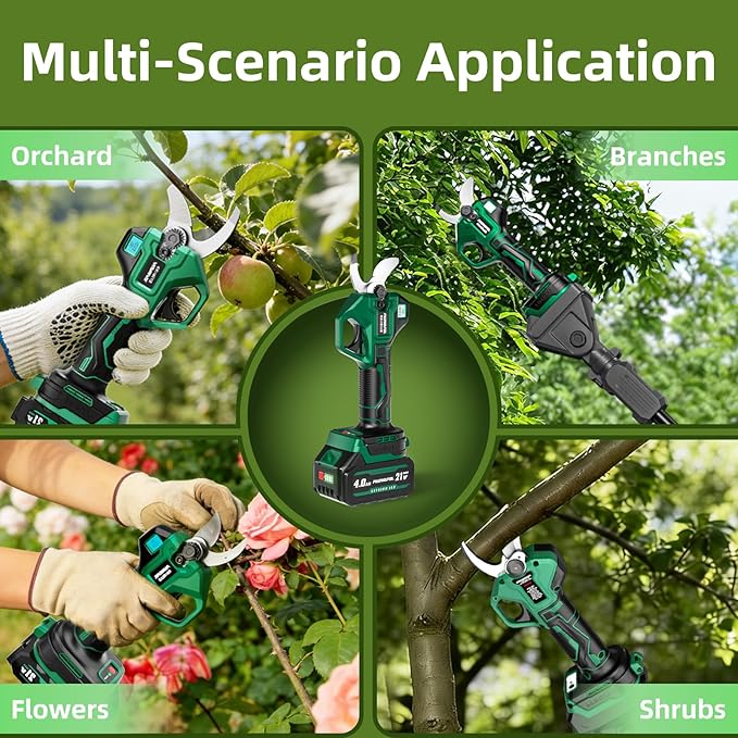 2.5" Cutting Diameter, 15FT Reach, 2-in-1 Pole Electric Pruning Shears - Brushless Motor, 21V Dual 4.0Ah Batteries, Extra SK7 Blade, Stainless Steel Pole, 2 Modes Adjustable for Tree & Flower