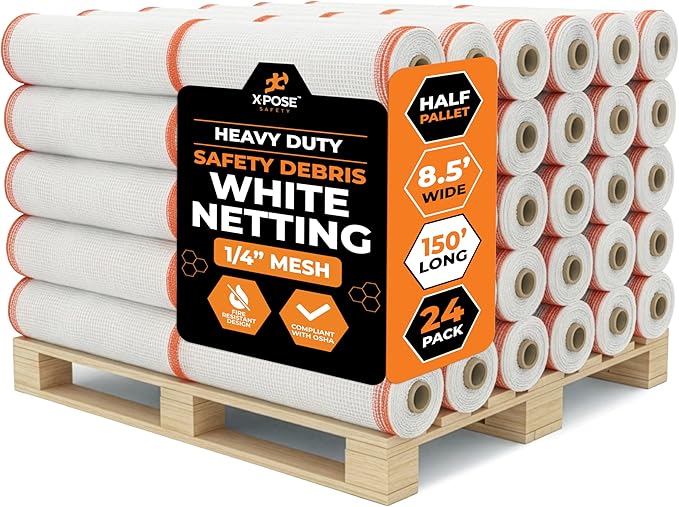 Xpose Safety Construction Safety Netting – 8.5' x 150', 1/4" Mesh Scaffold Safety Net, Temporary Material Roll, Visibility Fence, Heavy-Duty Fire Retardant, White (24-Pack)