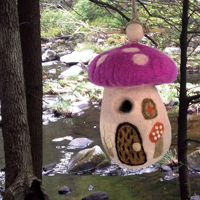 Global Crafts Birdhouse - Handmade Felt, Magic Mushroom Design - 10.5 x 7 x 4 in - Wool