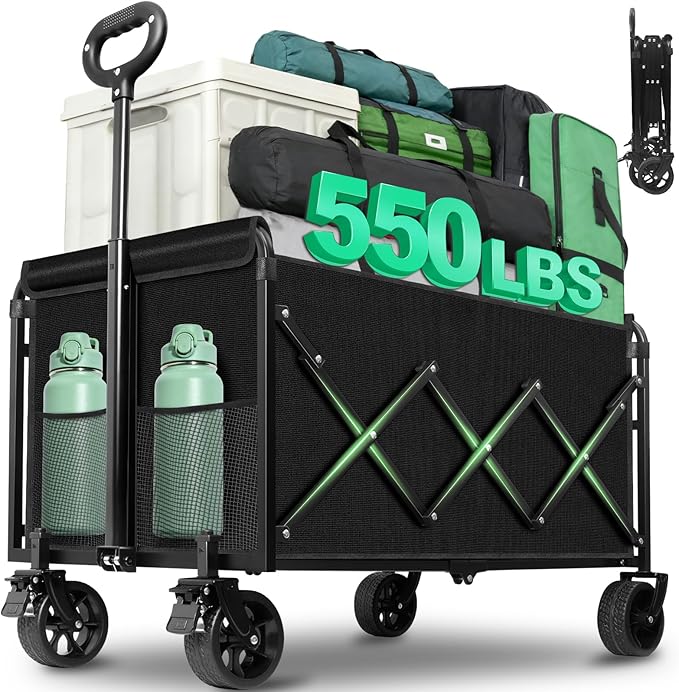 Upgraded Heavy Duty Foldable Wagon – 550LBS Capacity, All-Terrain Wheels & Brakes, Large Collapsible Cart for Beach, Camping, Grocery & Sports (Black)