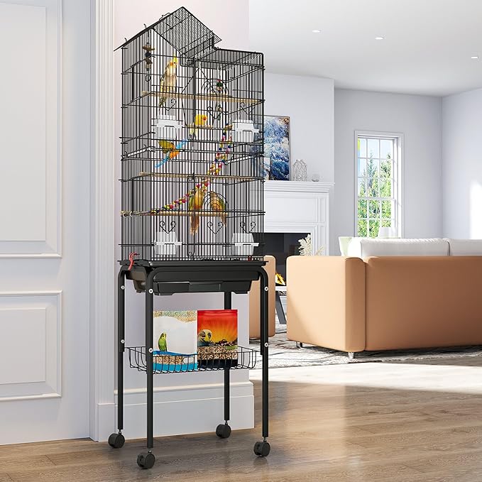 YITAHOME 62 inch Metal Bird Cage, Large Parakeet Cages | Bird Cage for Parrot, Cockatiel, Lovebird, Pigeon with Roof Top, Rolling Stand and Hanging Accessories